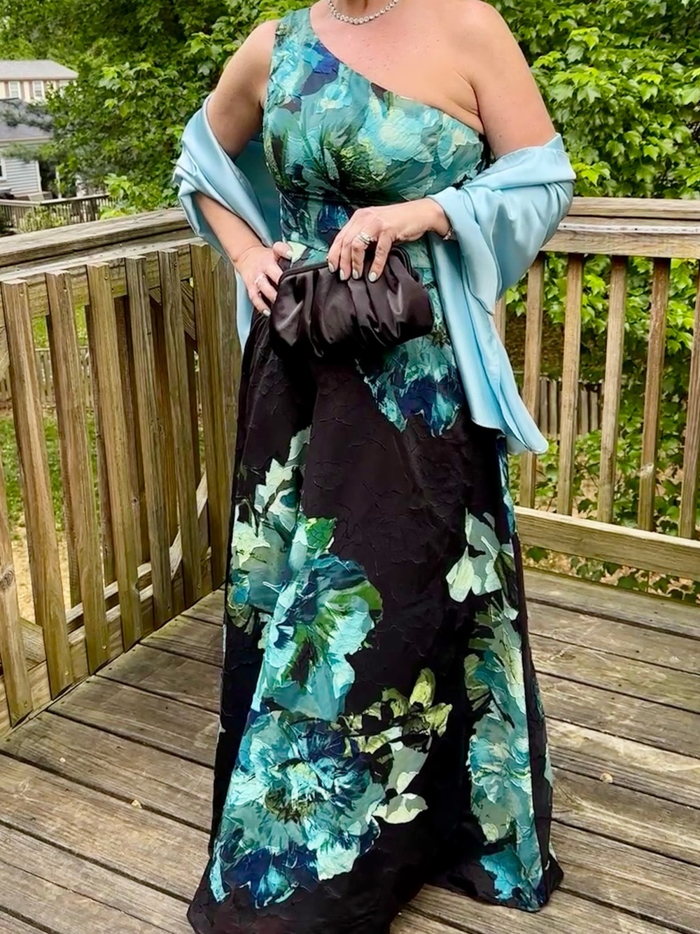 Betsy & Adam Printed One-Shoulder Ball Gown Dress Size 8 Petite